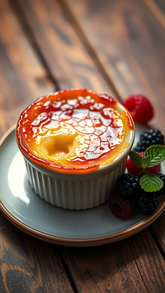 Classic Crème Brûlée with a Caramelized Sugar Top A classic crème brûlée served in a ramekin with a caramelized sugar top, garnished with fresh berries.